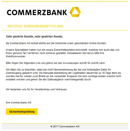 aktuelle Commerzbank Phishing Mail